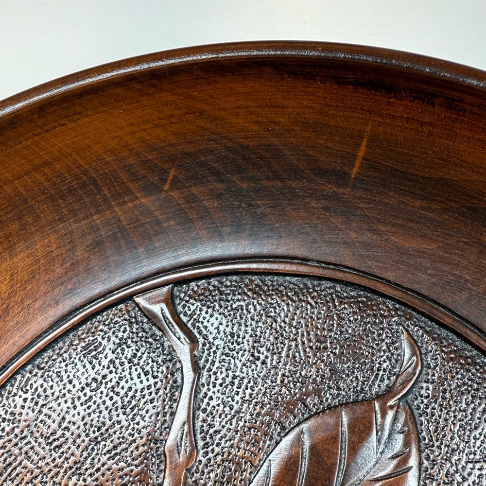 Vintage Folk Art Japanese Mid Century Intricate Laquared Hand Carved Wood Plate - Picture 5 of 12
